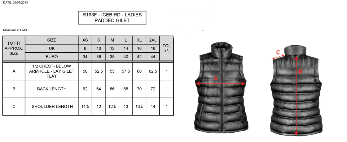 Padded Gilet - Women's Fit - Size Guide
