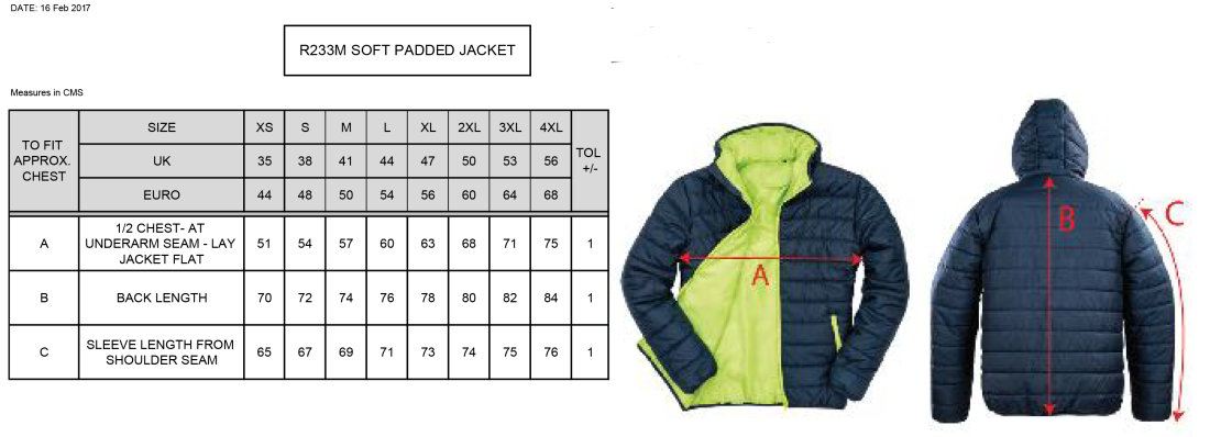 Supersoft Padded Jacket - Unisex Fit - Size Guide